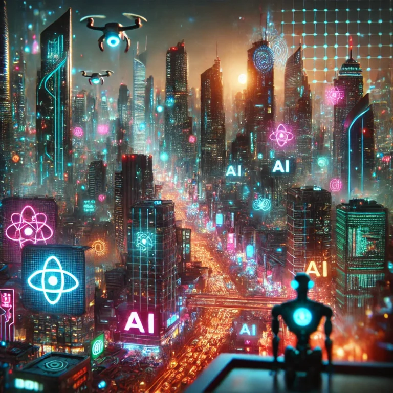 a robot flying over a city ai